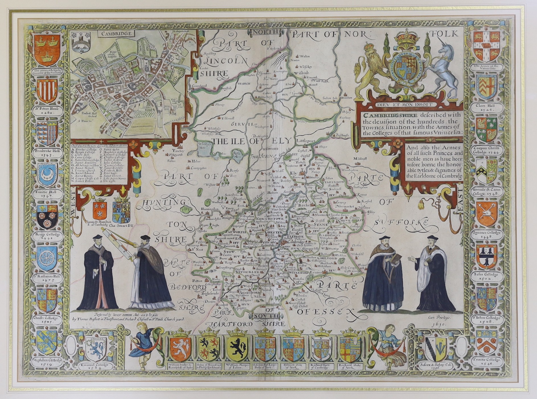 John Speede, coloured engraving, Map of Cambridgeshire, 1676 issue, English text verso, 39 x 53.5cm